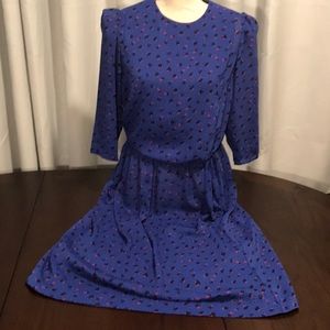 Vintage 80s Style Blue Dress with Pink Rose Print